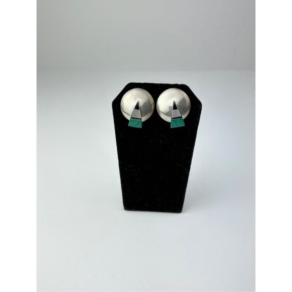 Vintage Ray Tracey Knifewing Segura Sterling Silver Malachite Onyx MOP Earrings